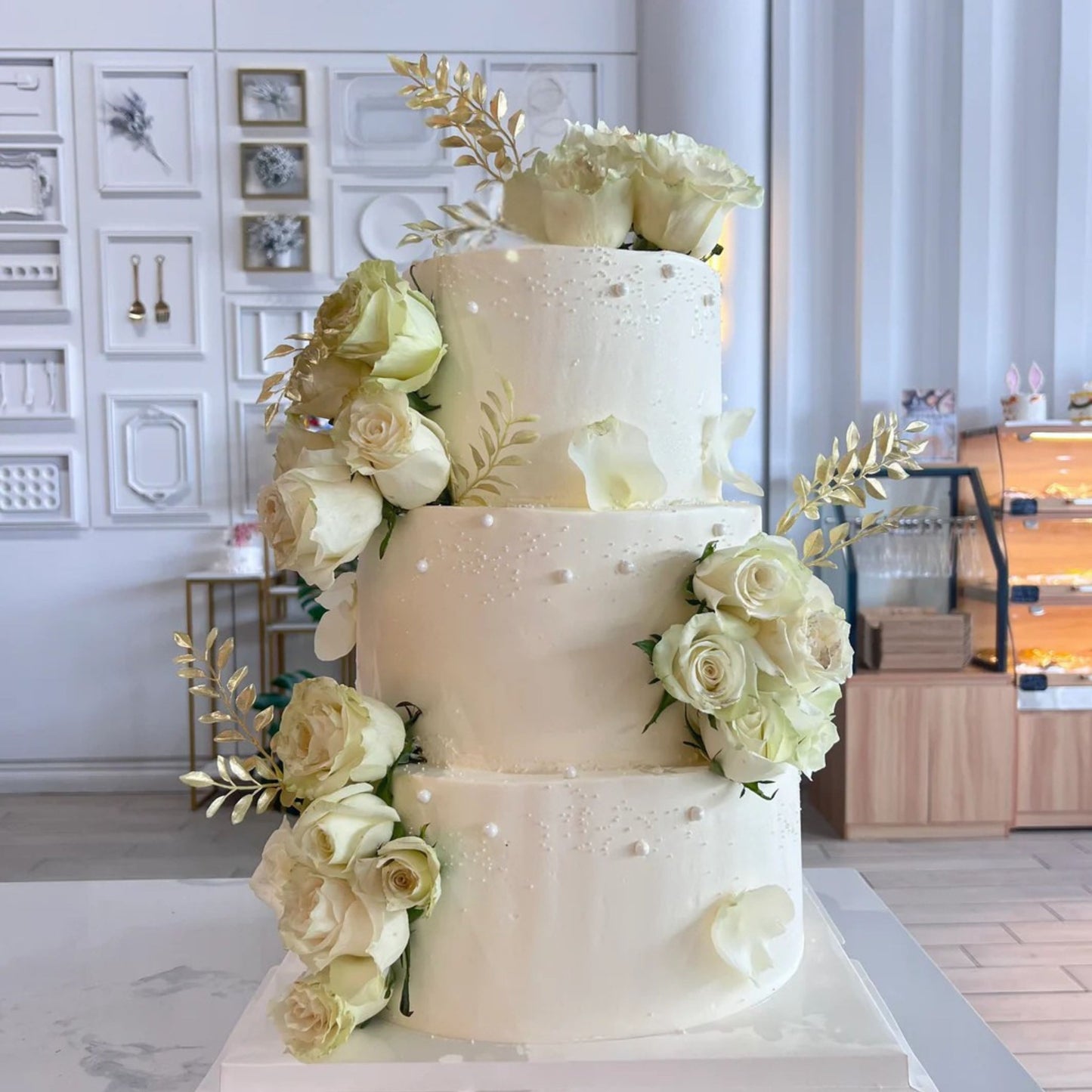 Timeless White Rose Cake – 3 Tier