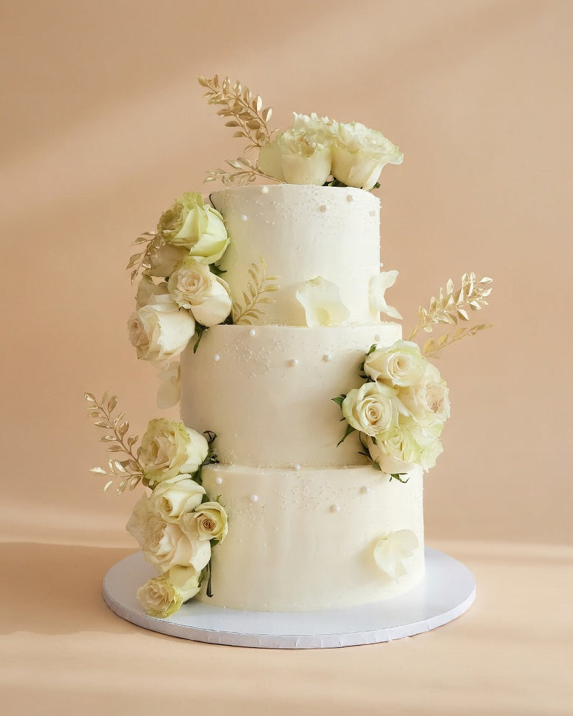 Timeless White Rose Cake – 3 Tier